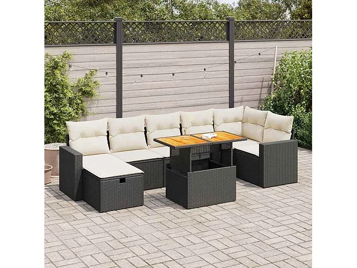 Set sofás jardín y cojines 5 piezas ratán sintético acacia negro