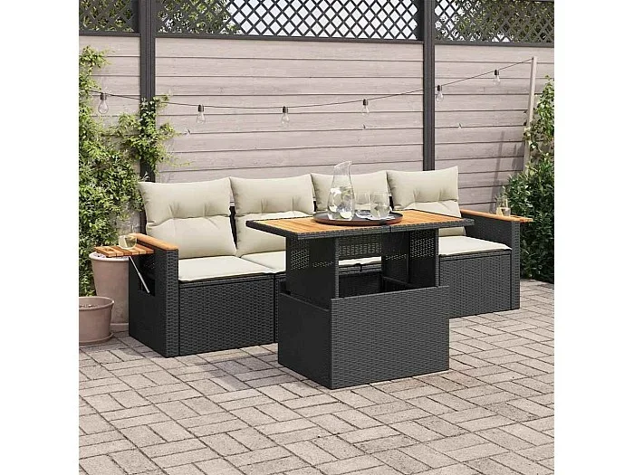 Set sofás jardín y cojines 5 piezas ratán sintético acacia negro