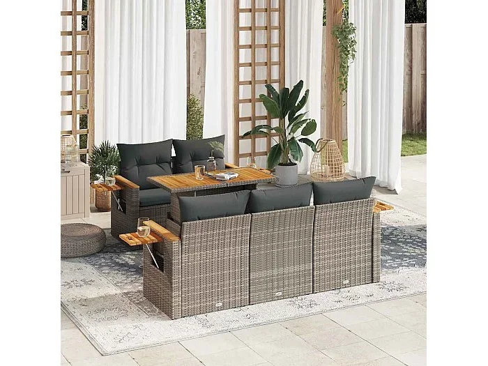 Set sofás jardín y cojines 6 piezas ratán sintético acacia gris