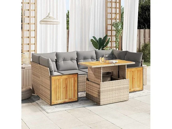 Set sofás jardín y cojines 7 piezas ratán sintético acacia beige