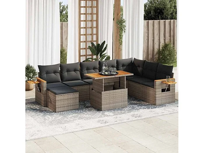 Set sofás jardín y cojines 7 piezas ratán sintético acacia gris