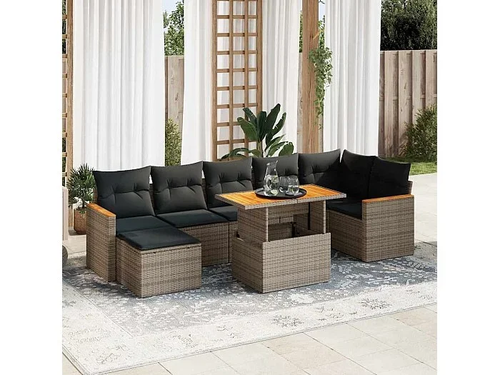 Set sofás jardín y cojines 8 piezas ratán sintético acacia gris