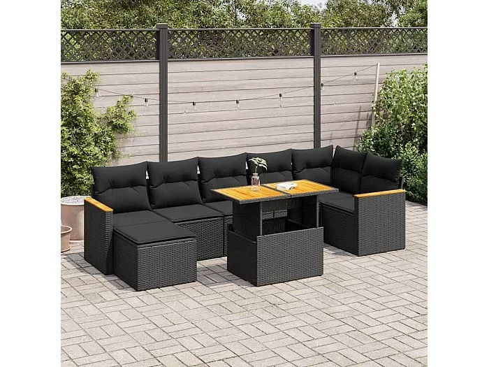 Set sofás jardín y cojines 8 piezas ratán sintético acacia negro