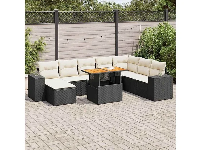 Set sofás jardín y cojines 9 piezas ratán sintético acacia negro