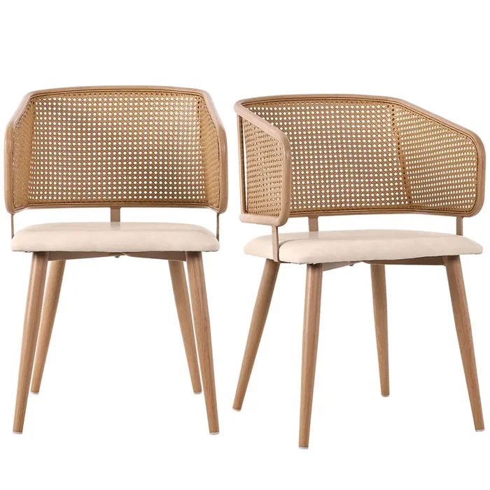 Silla comedor 2 St – Silla con respaldo de ratán, cojín de asiento de PU, cómoda y transpirable – Beige Marrón