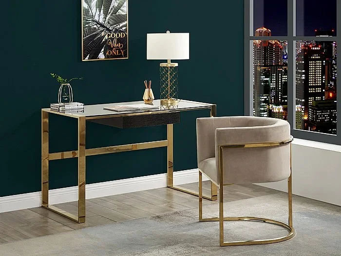 Silla con brazos PERIA de Pascal MORABITO – Terciopelo y metal – Beige y dorado