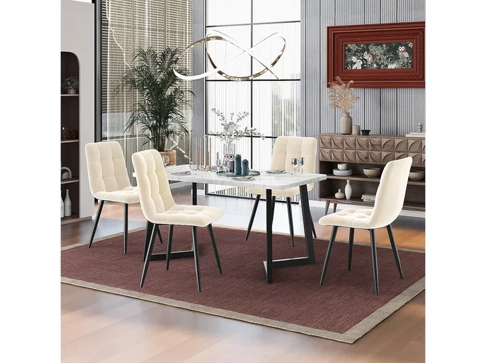 Silla de comedor de terciopelo beige con metal, diseño ergonómico, cómoda, juego de 4