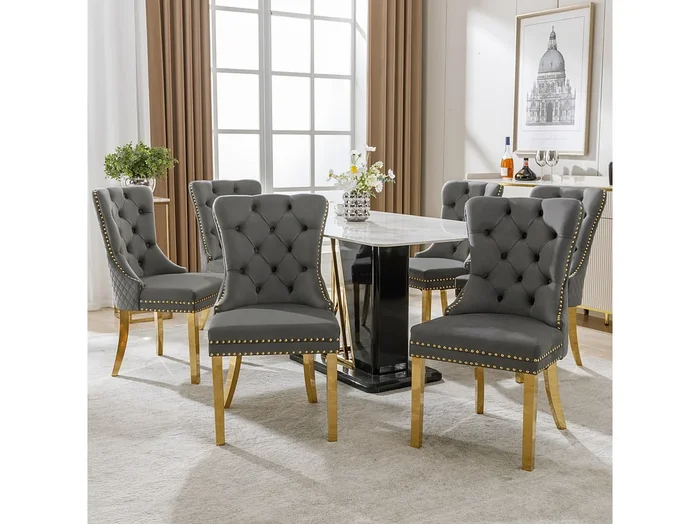 Silla de comedor de terciopelo gris con patas de acero inoxidable dorado, diseño original, cocina salón, 50x45x95 cm, juego de 6