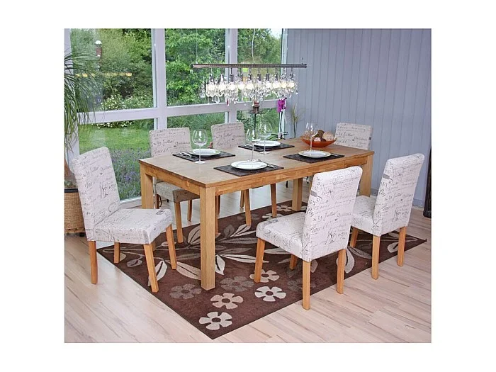Silla de comedor Littau (juego de 6), textil con letras, crema, patas claras