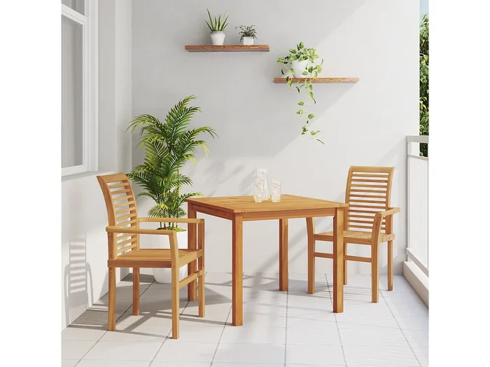 Silla de jardín apilable de 2 piezas en madera maciza de teca