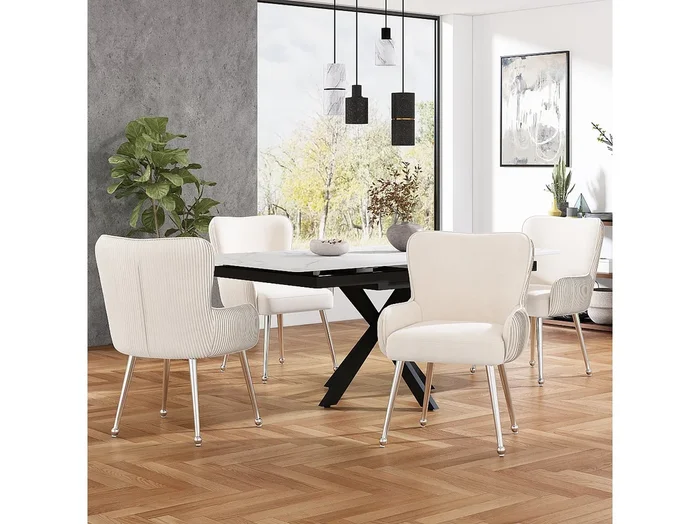 Silla de terciopelo beige de lujo con reposabrazos y patas ajustables de metal plateado para sala de estar, dormitorio, salón, juego de 4