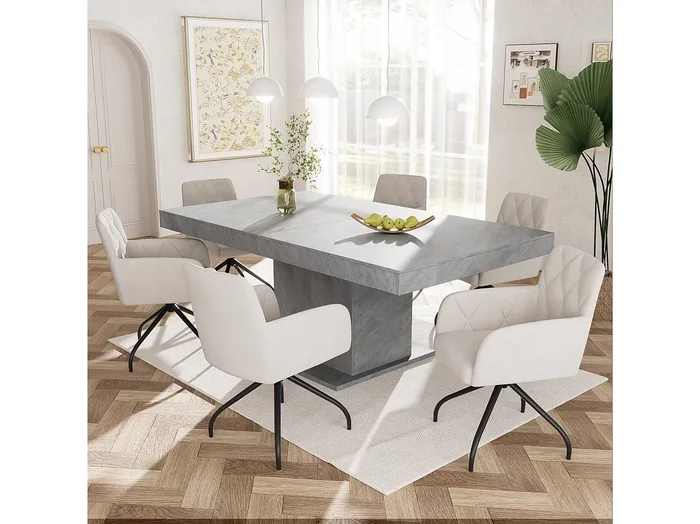 Silla giratoria 360° en terciopelo beige con respaldo de diamante y patas de metal ajustables para sala de estar, oficina, salón, juego de 6