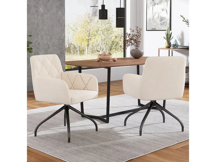 Silla giratoria 360° en terciopelo beige con respaldo de diamante y patas de metal ajustables para sala de estar, oficina, salón, juego de 2