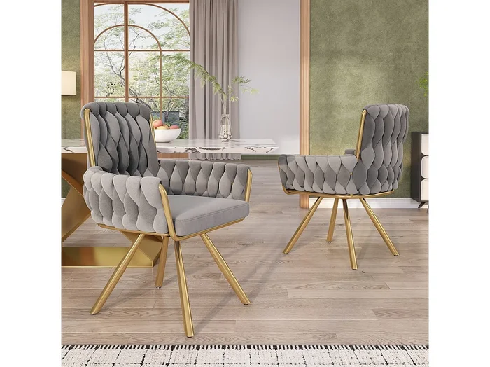 Silla giratoria de terciopelo gris con reposabrazos y patas de metal para sala de estar y dormitorio, juego de 2