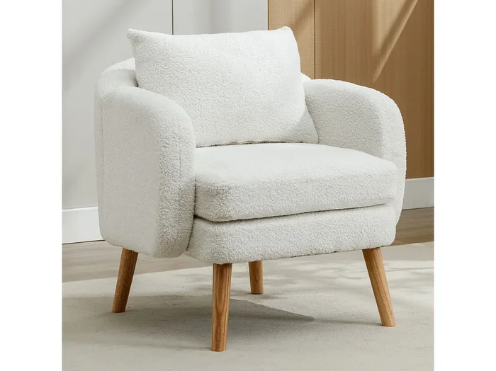 Sillón blanco – Sillón con asiento y reposabrazos gruesos – patas y cojines de madera maciza – terciopelo peluche