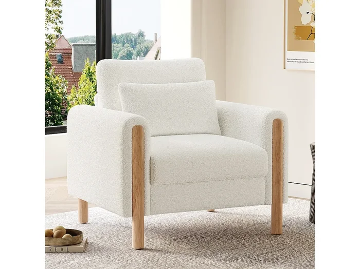 Sillón blanco – Sillón con respaldo y reposabrazos – patas de madera y cojines – terciopelo peluche