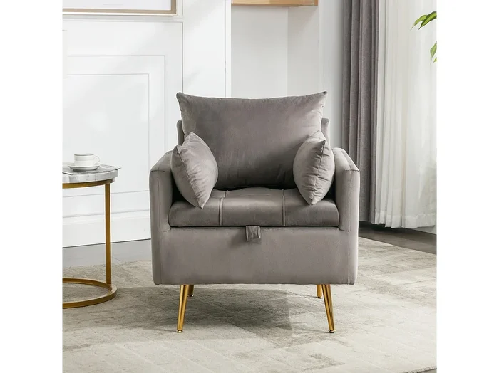 Sillón con compartimento de almacenamiento, cojines decorativos, reposabrazos, patas de metal dorado, gris