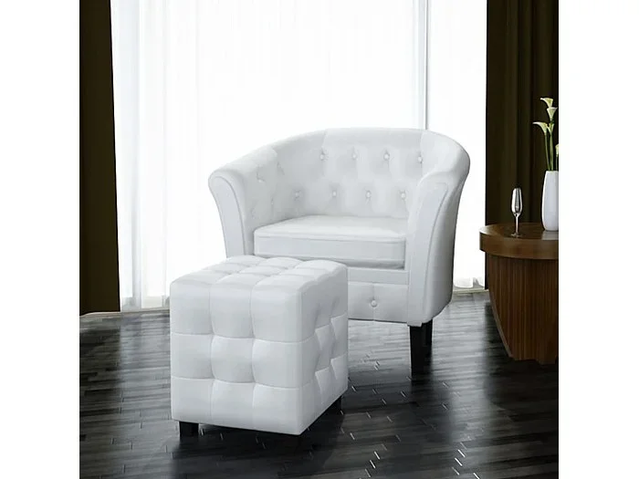 Sillón con diseño de cubo con reposapiés cuero sintético blanco ES33970
