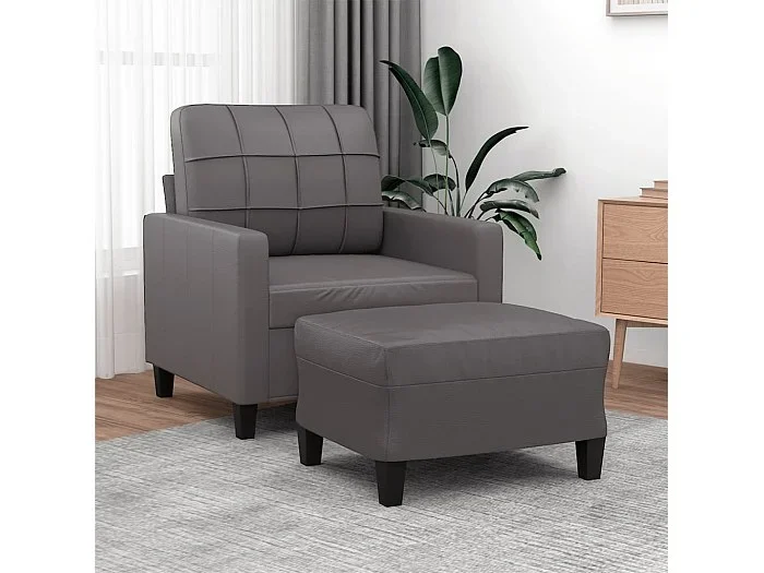 Sillón con taburete cuero sintético gris 60 cm
