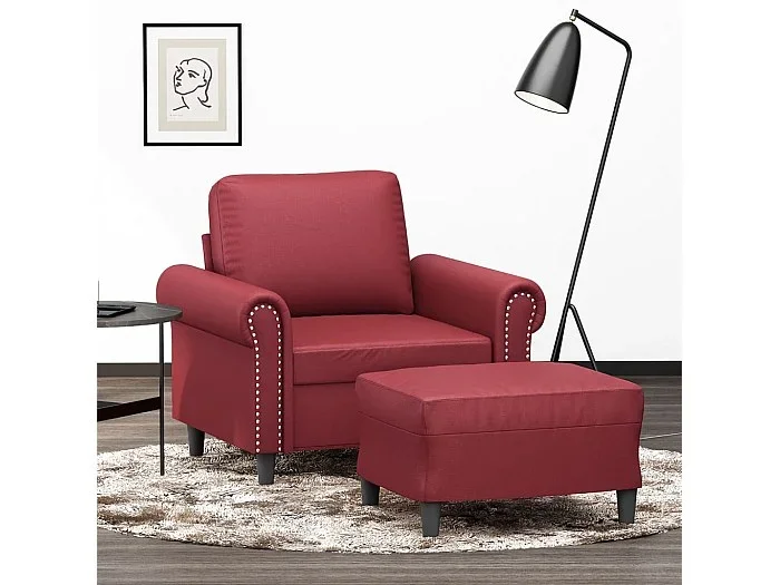 Sillón con taburete cuero sintético rojo tinto 60 cm