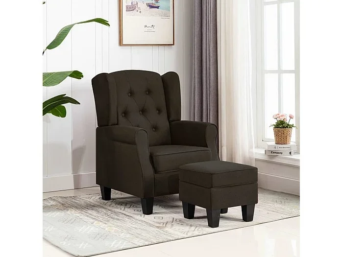 Sillón con taburete reposapiés de tela marrón oscuro