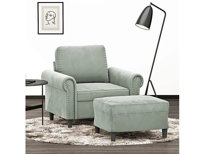 Sillón con taburete terciopelo gris claro 60 cm