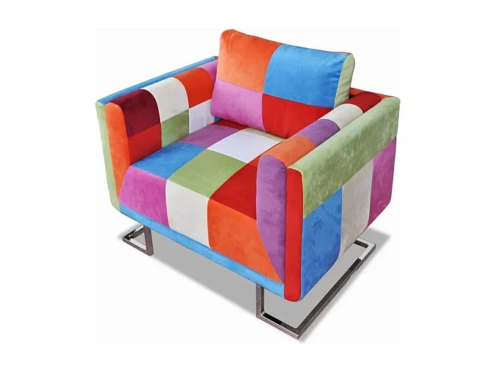 Sillón cubo con diseño de retales tela Patchwork patas cromadas