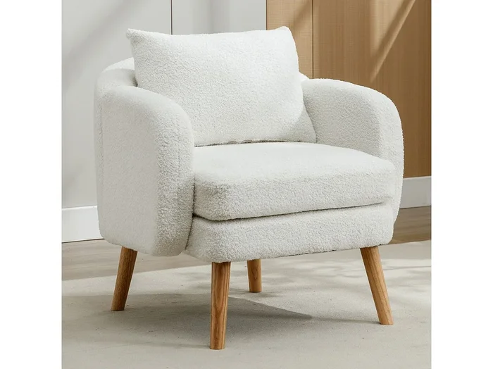 Sillón de felpa con cojín grueso – patas de madera maciza – blanco