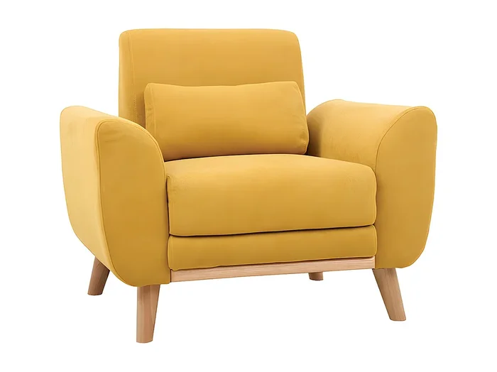 Sillón diseño tejido efecto terciopelo amarillo mostaza y patas roble EKTOR