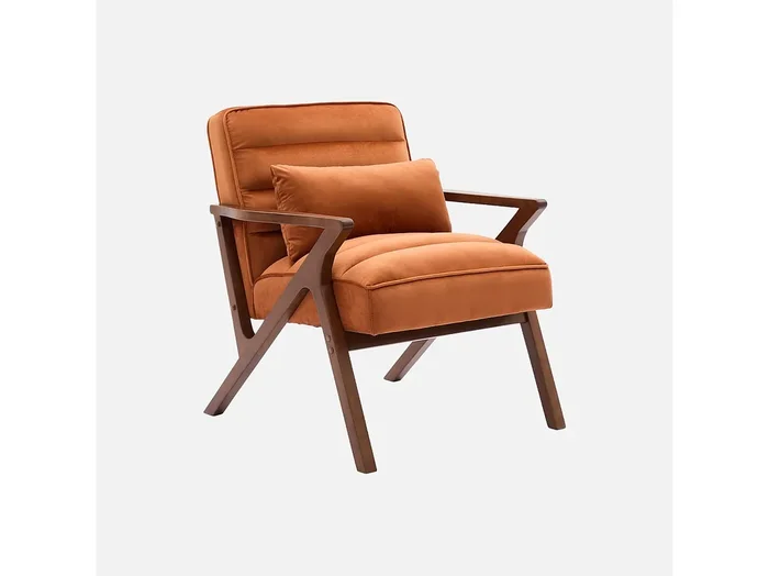 Sillón escandinavo de madera de hevea y terciopelo terracotta