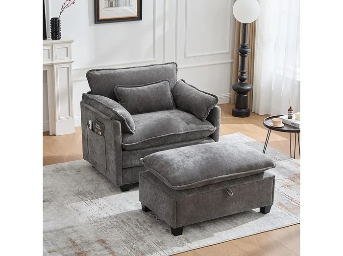 Sillón extragrande de chenilla con otomana, espacio de almacenamiento y cojines para sala de estar y dormitorio, color beige.