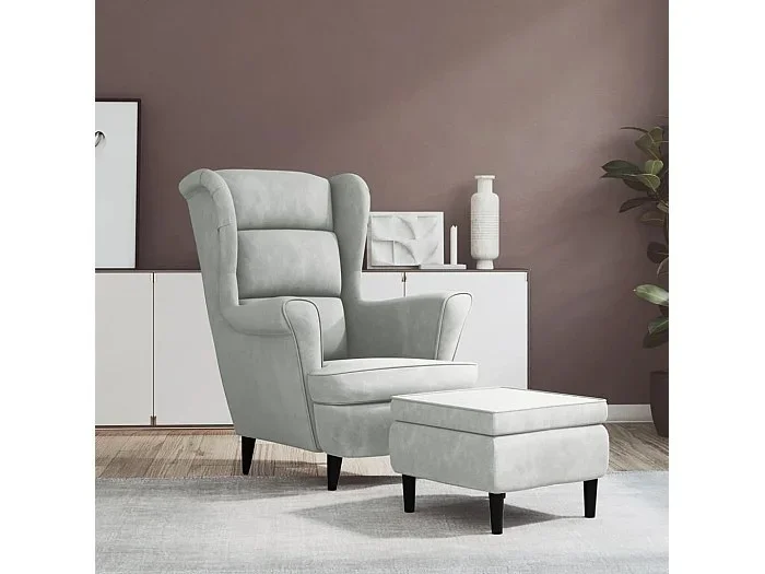 Sillón orejero y taburete de terciopelo gris claro