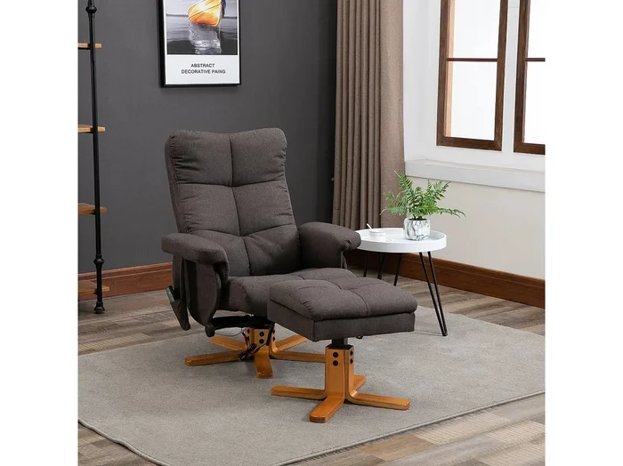 Sillón relax con masaje 360° y reposapiés de poliéster reclinable 145° para salón o dormitorio, color marrón, 80 x 86 x 99 cm