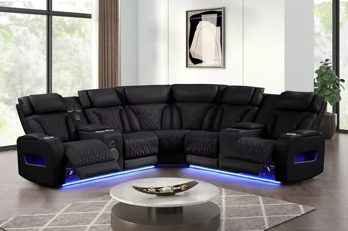 Skyline Black Power Air Leather Reclining Sectional