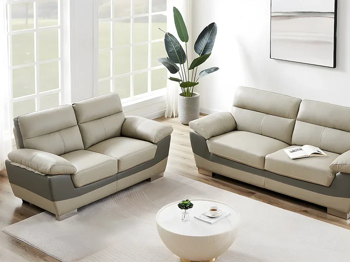 Sofá 3+2 plazas de piel FRANCESCA – Bicolor antracita y gris