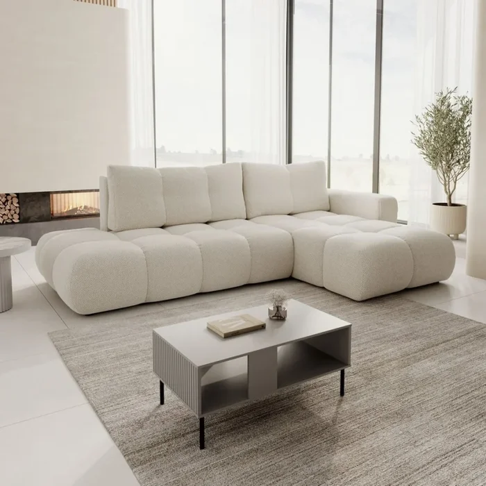 Sofá cama esquinero tapizado con espacio de almacenamiento en L ALMADA, configuración derecha, beige claro