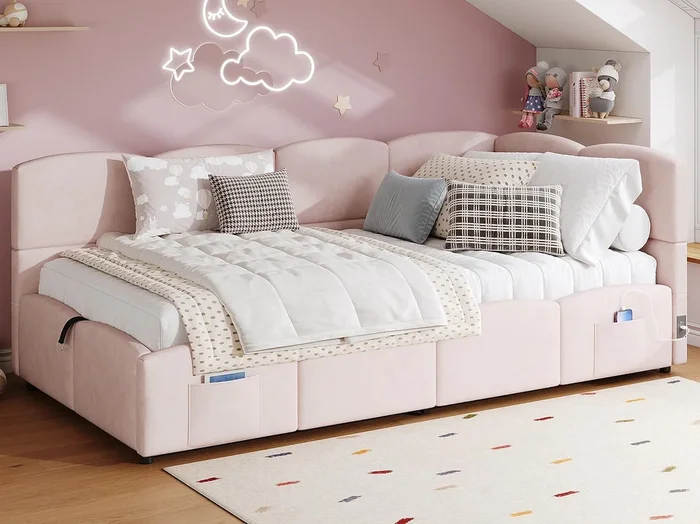 Sofá cama infantil 90×200 cm – Cama con almacenamiento – con puertos USB – con bolsillo de almacenamiento – Terciopelo – Rosa (sin colchón)