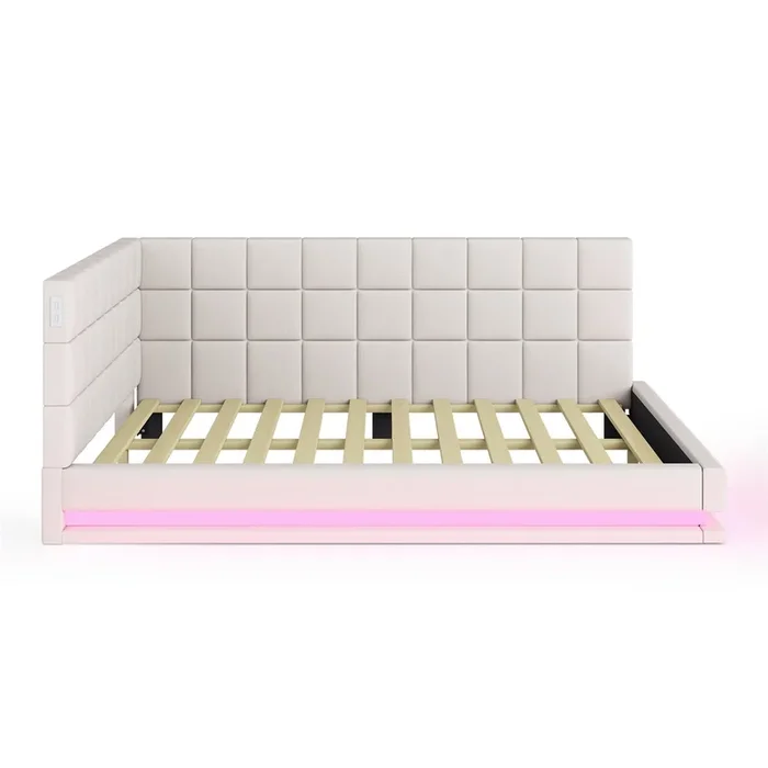 Sofá cama tapizado en terciopelo 140x200cm – con LED y toma USB – Beige