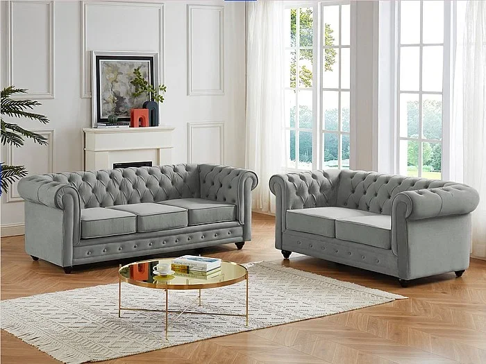 Sofá de 3+2 plazas CHESTERFIELD – Terciopelo gris claro