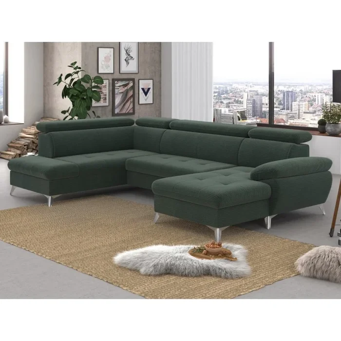 Sofá esquinero extensible en forma de U CATANIA con almacenamiento, lado izquierdo, verde
