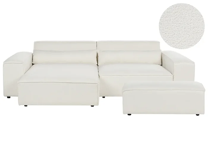 Sofá esquinero modular 2 plazas HELLNAR Bouclé Blanco crema con otomana Derecha