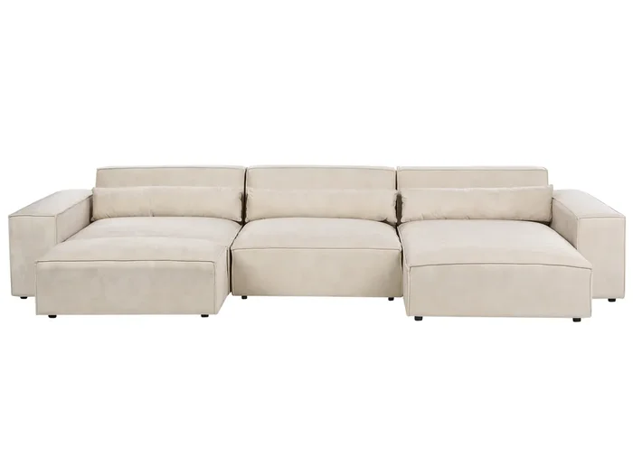 Sofá esquinero modular 3 plazas HELLNAR Terciopelo Beige claro con otomana Izquierda