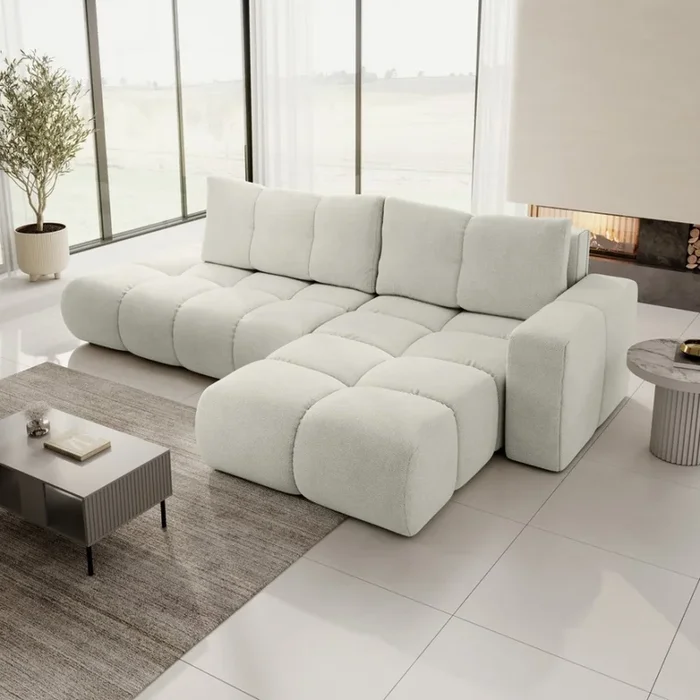 Sofá esquinero tapizado ALMADA en L, convertible en cama, con arcón de almacenamiento, orientación derecha, beige
