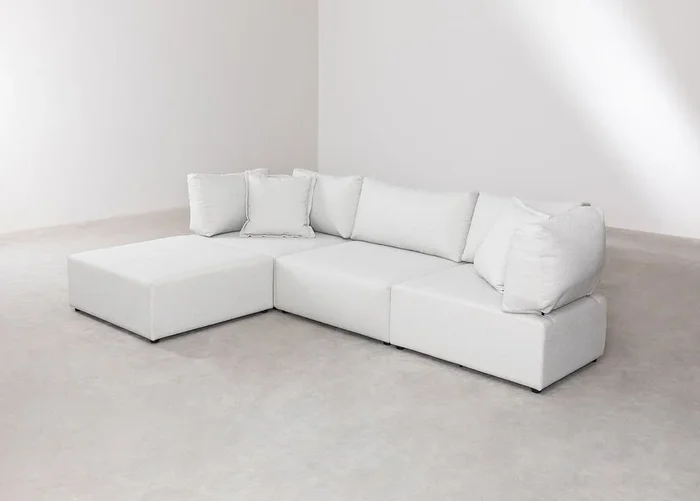 Sofá Modular de 3 Piezas con 2 Sillones Esquineros y Puff Kata Beige Crema – SKLUM