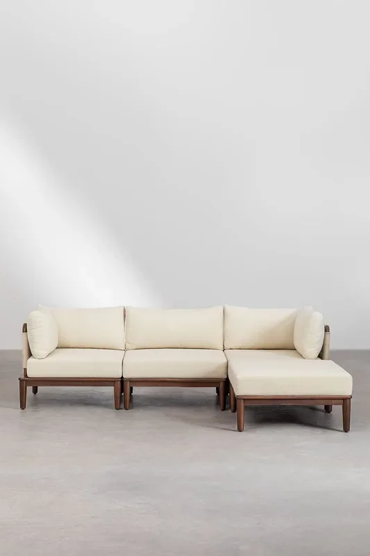 Sofá Modular de Jardín de 3 Piezas con 2 Sillones Esquineros y Puff en Madera de Acacia Giulia Beige Crema – SKLUM