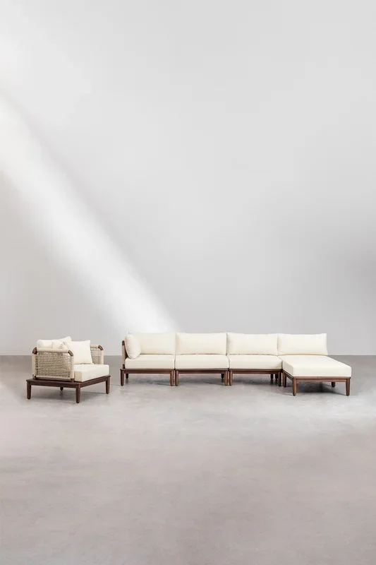 Sofá Modular de Jardín Esquinero de 4 Piezas con Puff y Sillón en Madera de Acacia Giulia Beige Crema – SKLUM