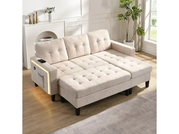 Sofá modular en L con otomana extraíble e iluminación LED, 3 plazas, beige (184x135x85 cm)