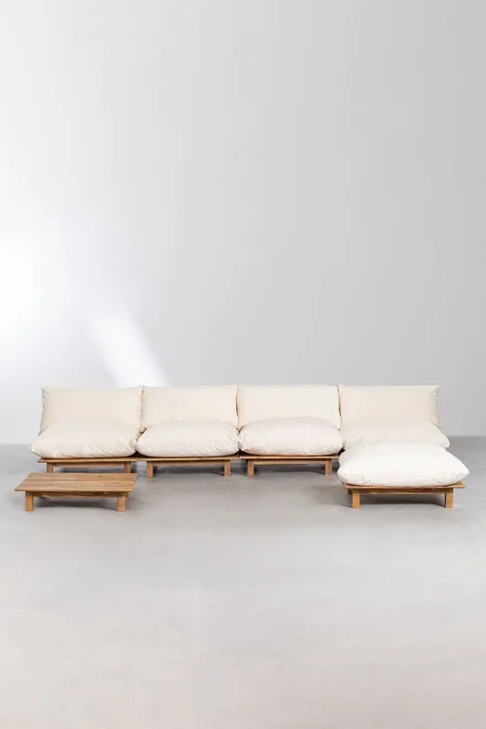 Sofá Modular Reclinable de 4 Piezas con Mesa de Centro y Puff en Madera de Acacia Brina Beige Crema – SKLUM