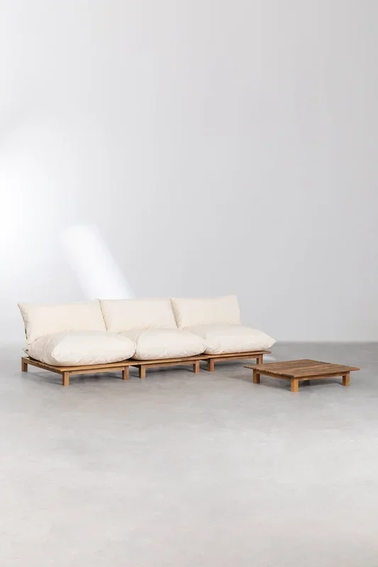 Sofá Modular Reclinable de Jardín de 3 Piezas con Mesa de Centro en Madera de Acacia Brina Beige Crema – SKLUM