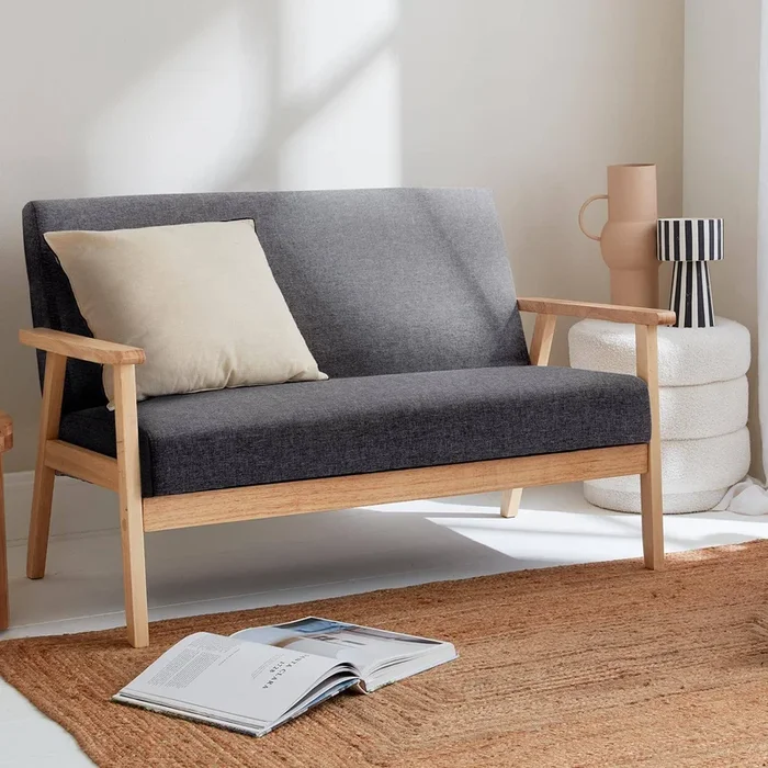 Sofá o banco con tela y patas de madera, 2 plazas